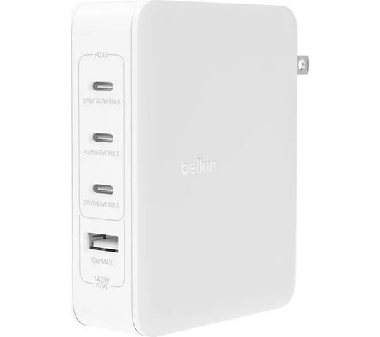 BOOST CHARGE™ 140w USB GaN 4-ports Wall Charger with UK, EU, US plug tips, White