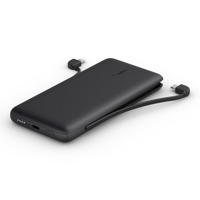 BOOST CHARGE™ 10,000 mAh PD Powerbank with Integrated Cables (USB-C and Lightning), Black