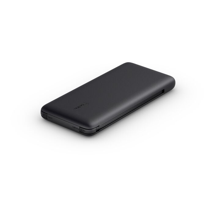BOOST CHARGE™ 10,000 mAh PD Powerbank with Integrated Cables (USB-C and Lightning), Black