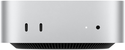 Front view of silver Mac mini showing front ports:two USB-C ports and one 3.5mm headphone jack