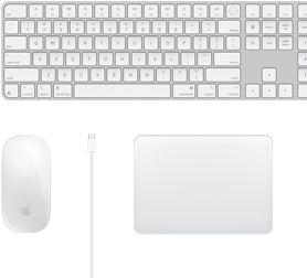 Desktop view of Magic Mouse, USB-C cable, Magic Trackpad and numeric Magic Keyboard accessories