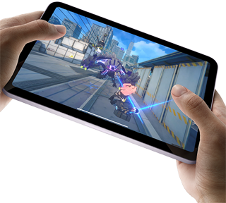 iPad mini held by a user’s hands in landscape view playing a graphically intense game