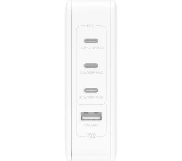 BOOST CHARGE™ 140w USB GaN 4-ports Wall Charger with UK, EU, US plug tips, White