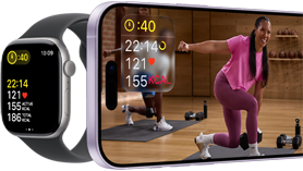 Apple Watch Series 11, aluminium jet black case, Workout metrics, purple fog Sport Band, workout video playing on paired iPhone